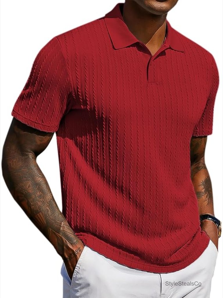 Men's Textured Knit Polo Shirt Short Sleeve Stretchy Casual Golf Button